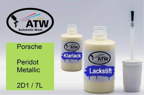 Porsche, Peridot Metallic, 2D1 / 7L: 20ml Lackstift + 20ml Klarlack - Set, von ATW Autoteile West.